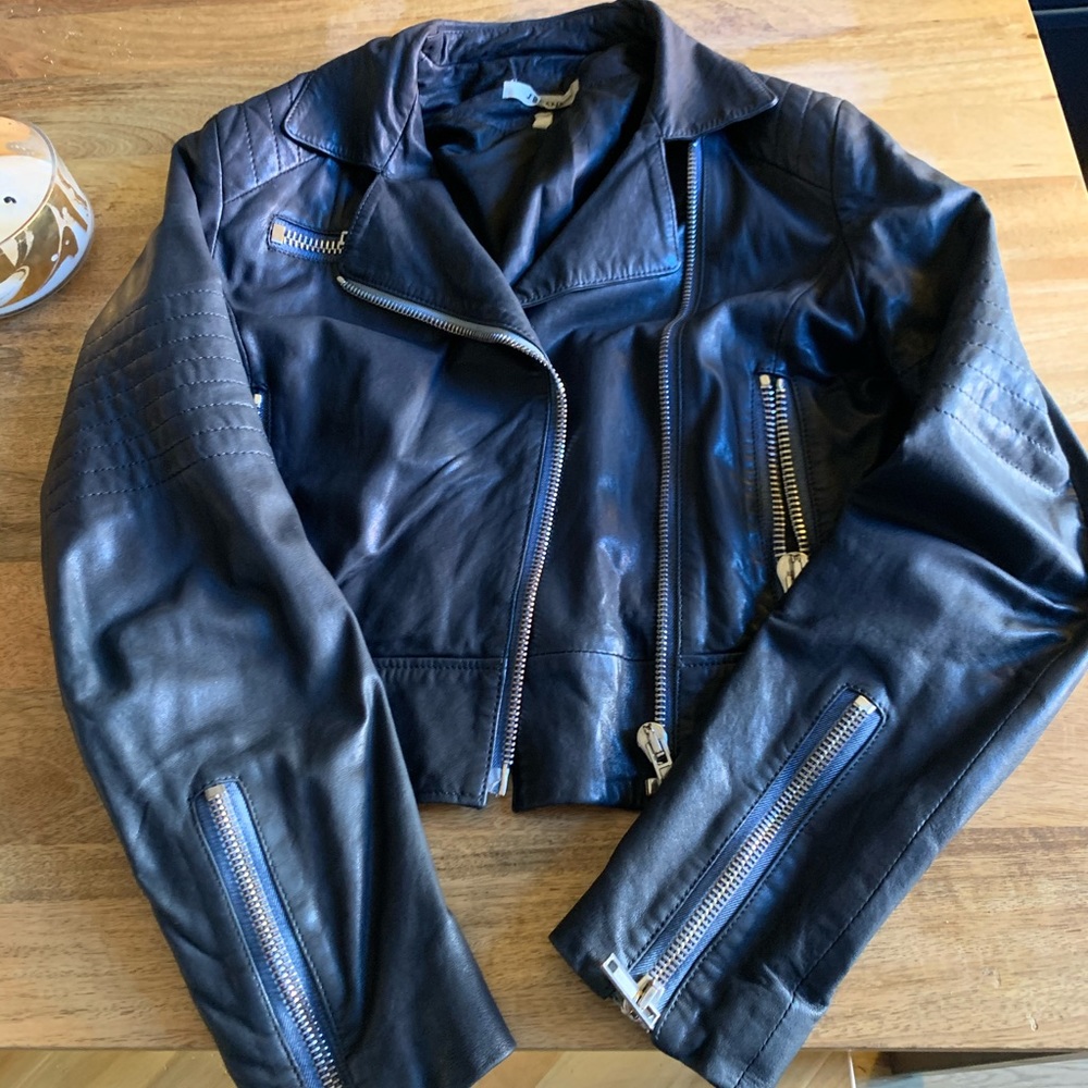 J Brand Cropped Dark Navy Leather Moto Jacket